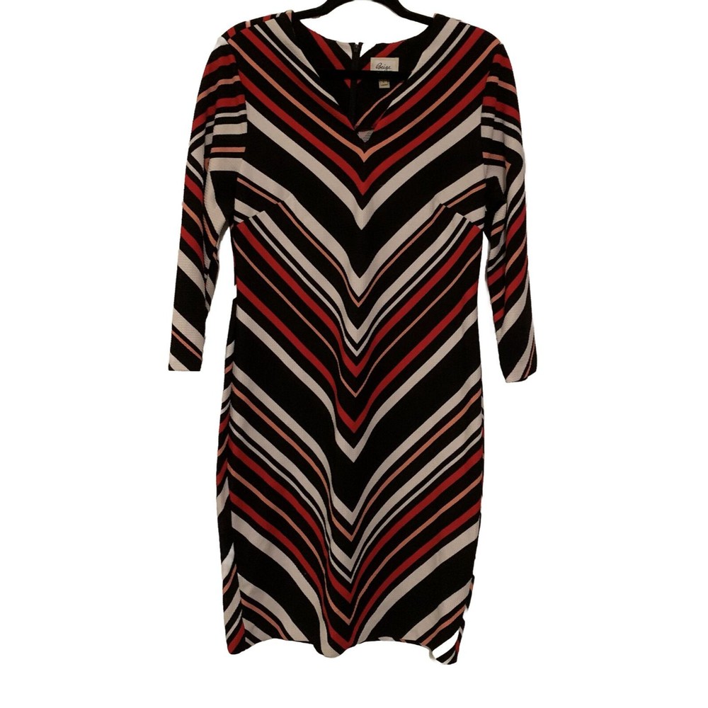Beige By ECI Stripe Black Red White Dress Size L 3/4 Sleeve Stretch Poly Spandex